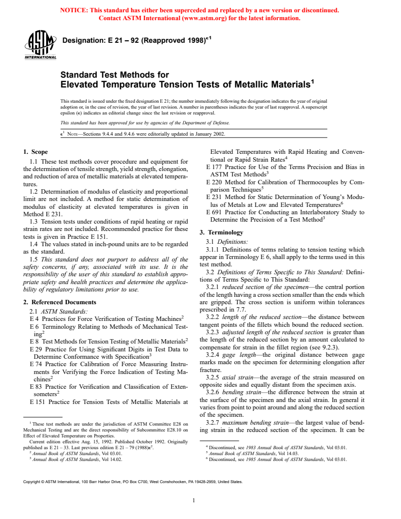 ASTM E21-92(1998)e1 - Standard Test Methods for Elevated Temperature Tension Tests of Metallic Materials