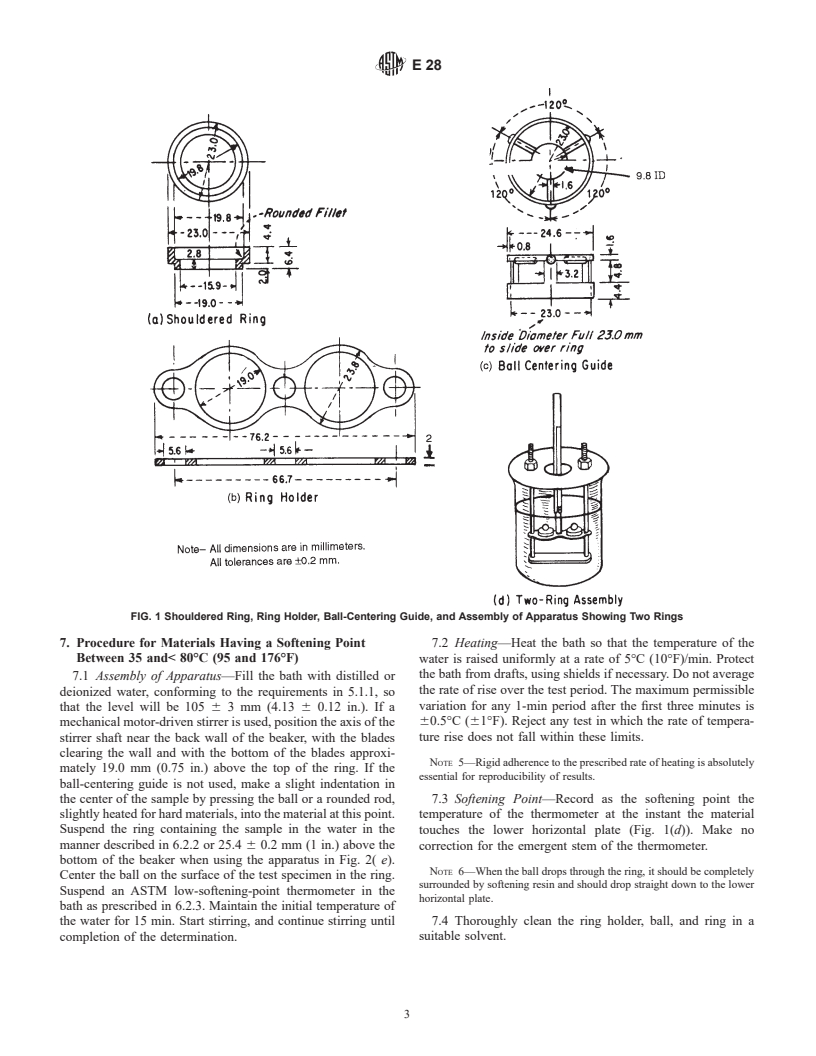 ASTM E28-99 - Standard Test Methods for Softening Point of Resins Derived from Naval Stores by Ring-and-Ball Apparatus