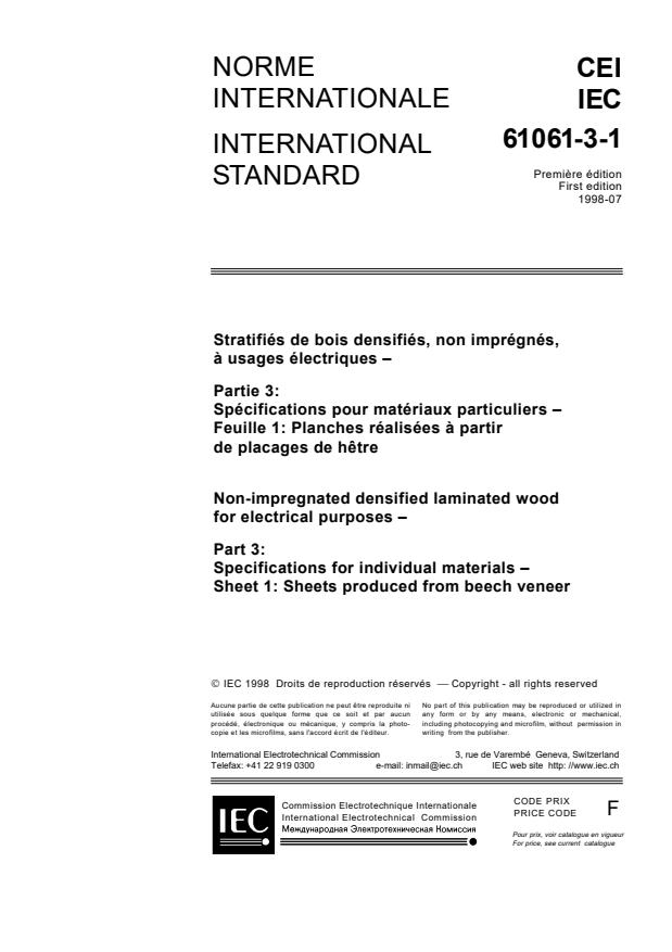 IEC 61061-3-1:1998 - Non-impregnated densified laminated wood for electrical purposes - Part 3: Specifications for individual materials - Sheet 1: Sheets produced from beech veneer