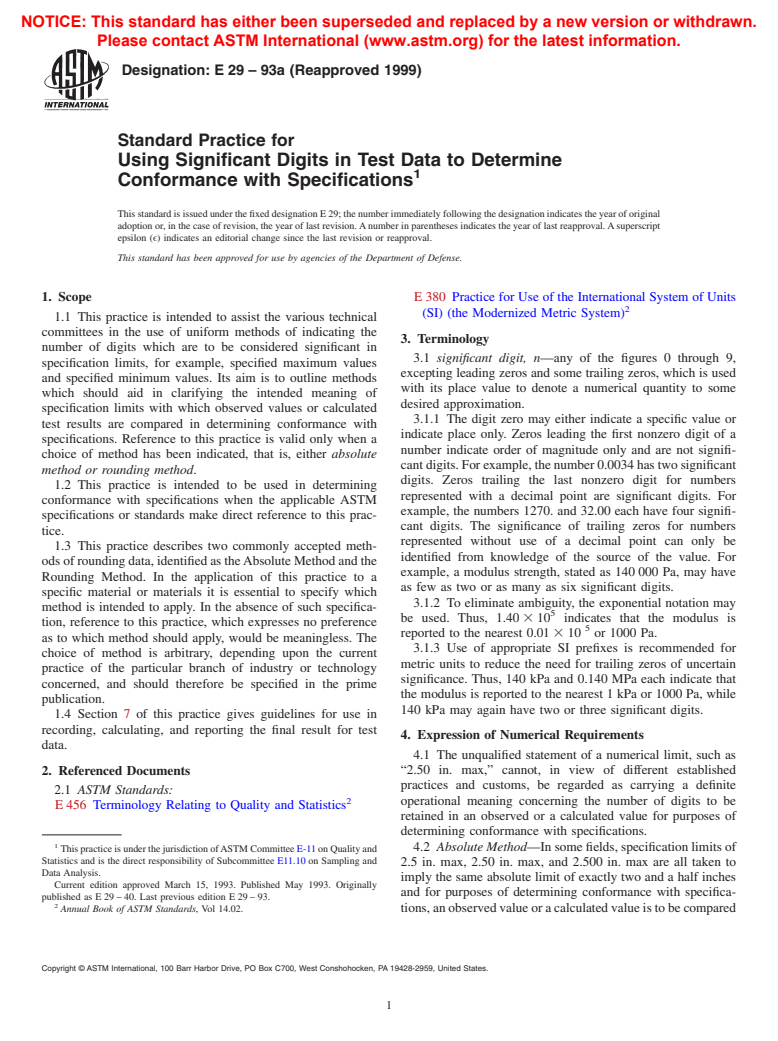 ASTM E29-93a(1999) - Standard Practice for Using Significant Digits in Test Data to Determine Conformance with Specifications