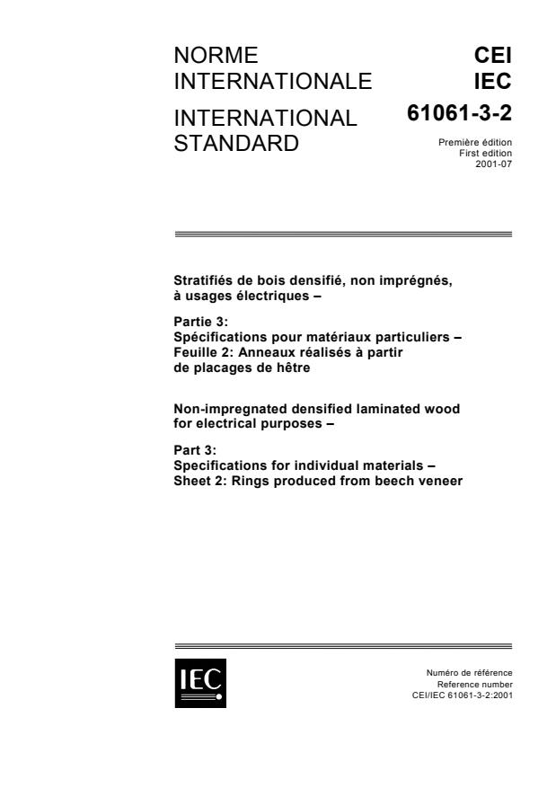 IEC 61061-3-2:2001 - Non-impregnated densified laminated wood for electrical purposes - Part 3: Specifications for individual materials - Sheet 2: Rings produced from beech veneer