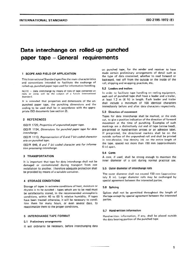 ISO 2195:1972 - Data interchange on rolled-up punched paper tape -- General requirements