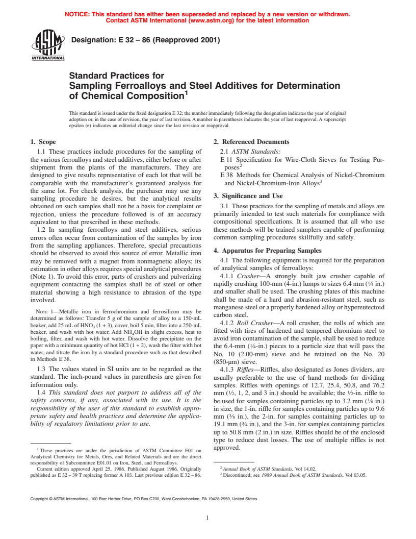 ASTM E32-86(2001) - Standard Practices for Sampling Ferroalloys and Steel Additives for Determination of Chemical Composition