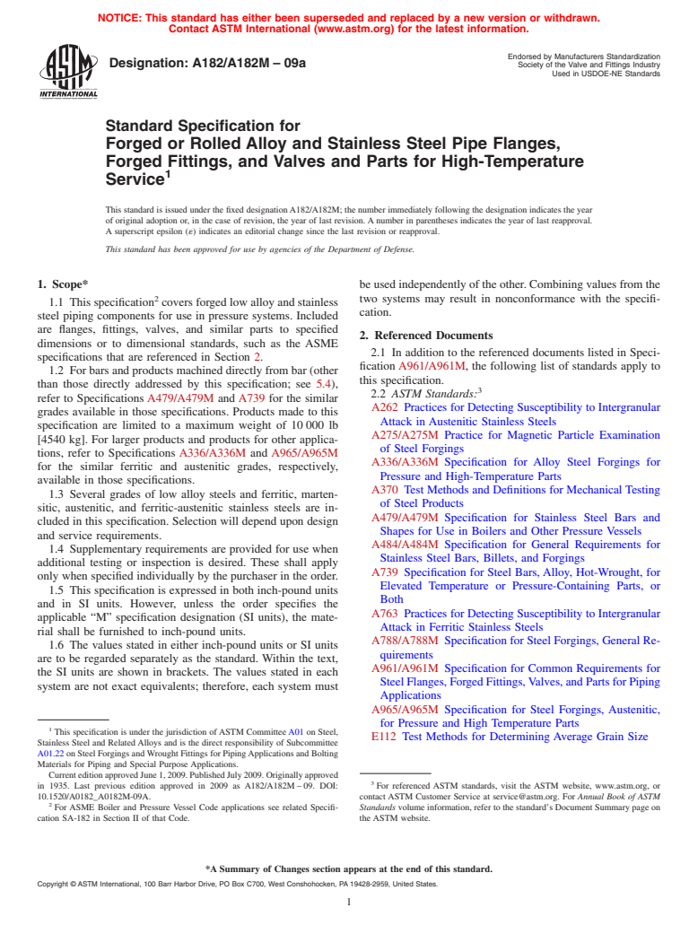 ASTM A182/A182M-09a - Standard Specification for  Forged or Rolled Alloy and Stainless Steel Pipe Flanges, Forged Fittings, and Valves and Parts for High-Temperature Service