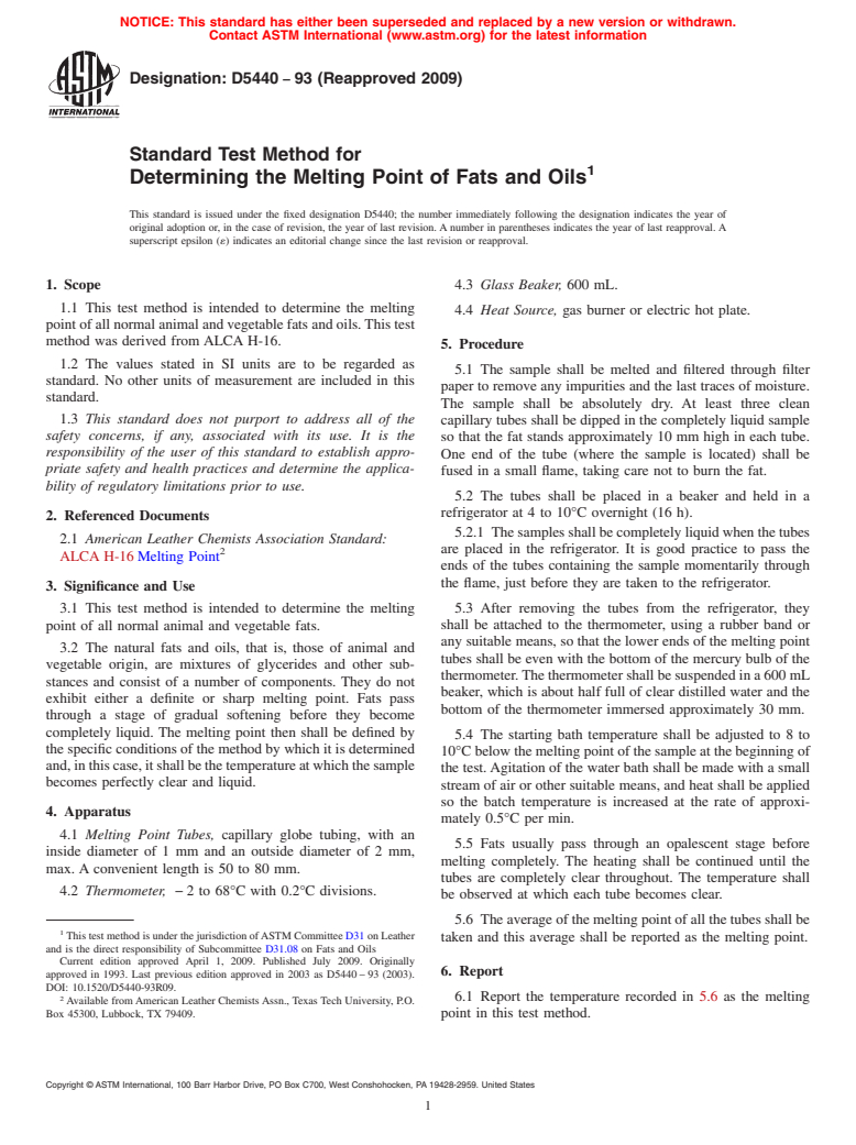 ASTM D5440-93(2009) - Standard Test Method for Determining the Melting Point of Fats and Oils