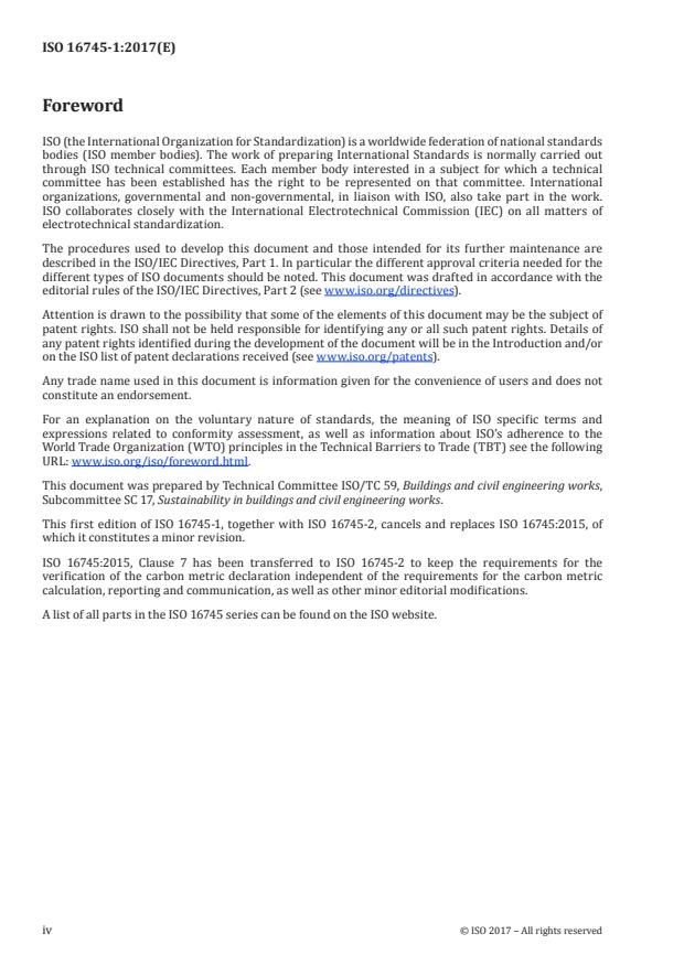 ISO 16745-1:2017 ISO 16745-1:2017 - Sustainability in buildings and civil engineering works -- Carbon metric of an existing building during use stage - Page 4 preview