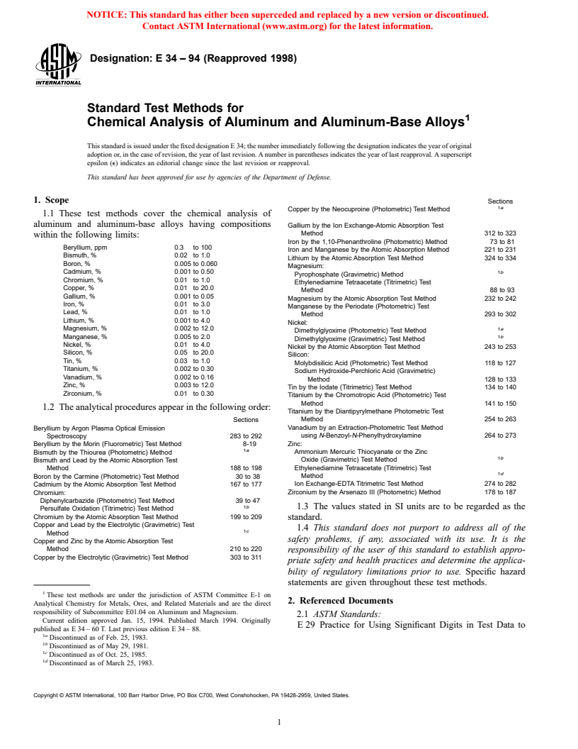 ASTM E34-94(1998) - Standard Test Methods for Chemical Analysis of Aluminum and Aluminum-Base Alloys
