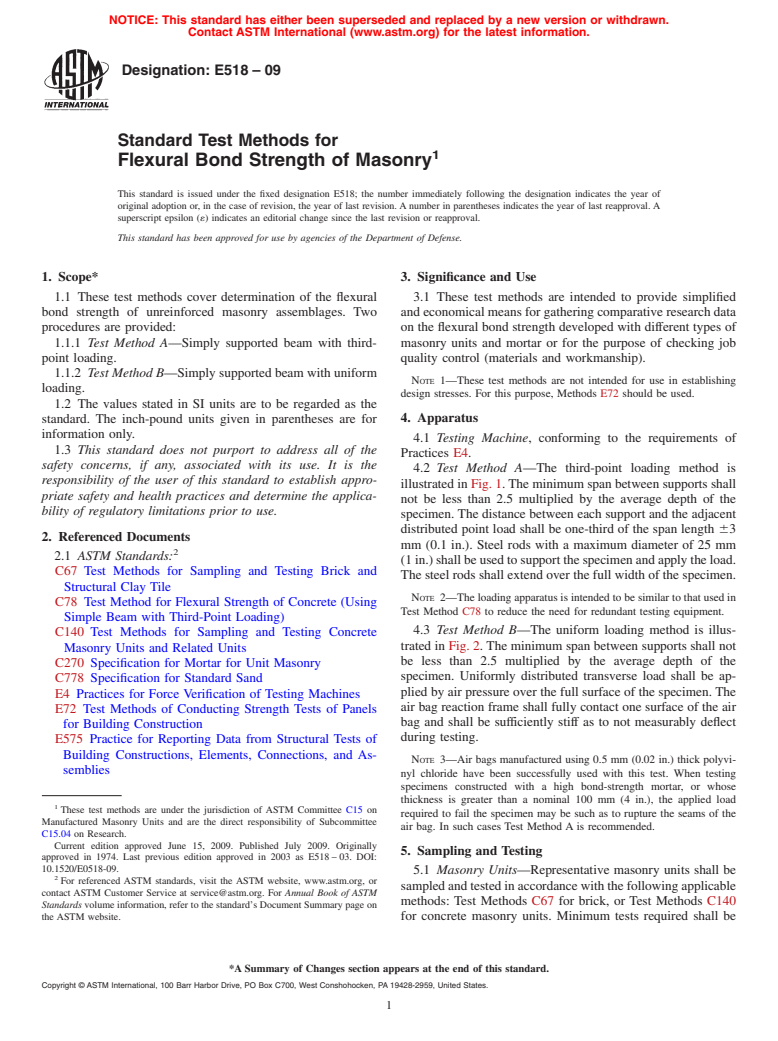 ASTM E518-09 - Standard Test Methods for Flexural Bond Strength of Masonry