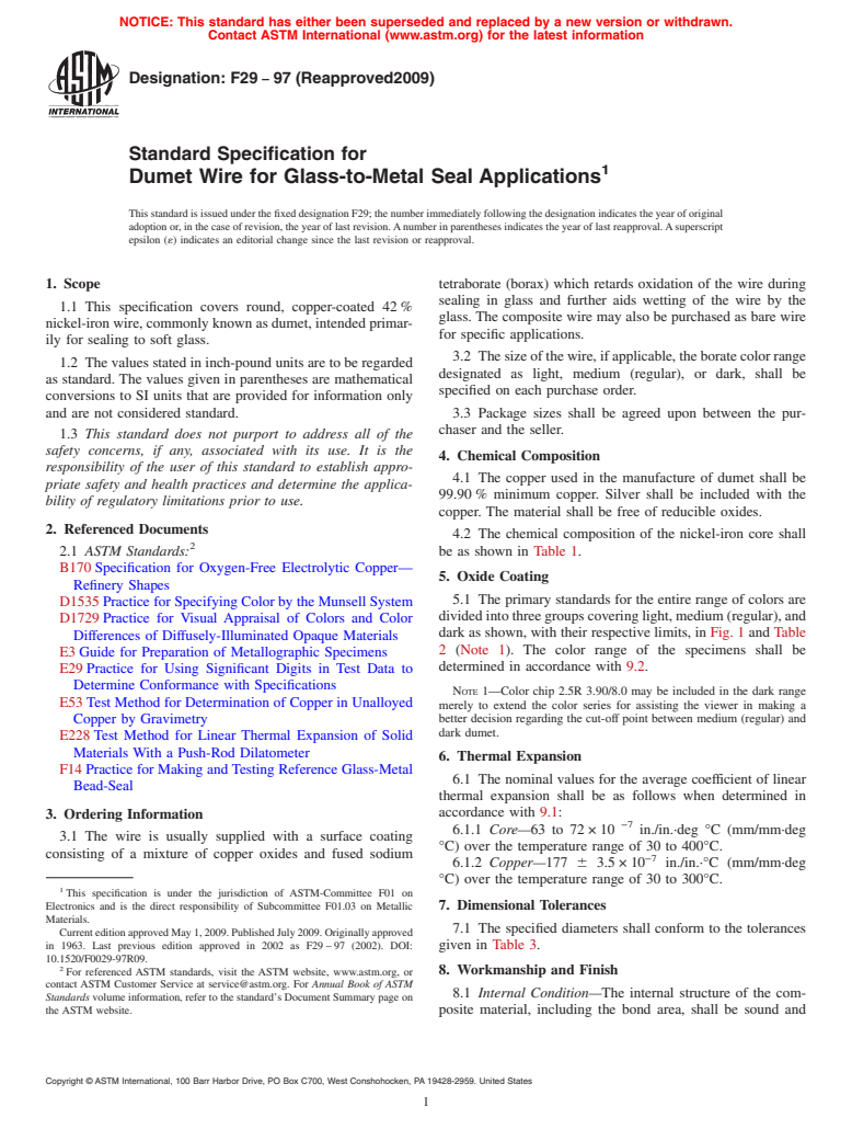 ASTM F29-97(2009) - Standard Specification for Dumet Wire for Glass-to-Metal Seal Applications