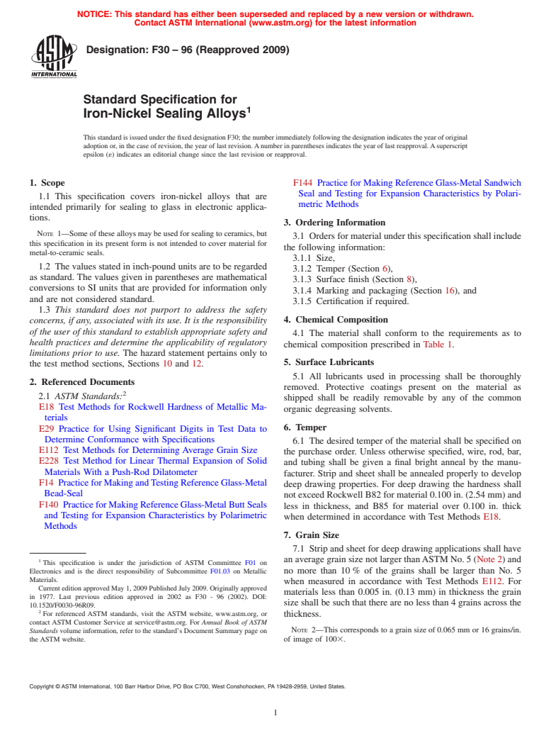 ASTM F30-96(2009) - Standard Specification for Iron-Nickel Sealing Alloys