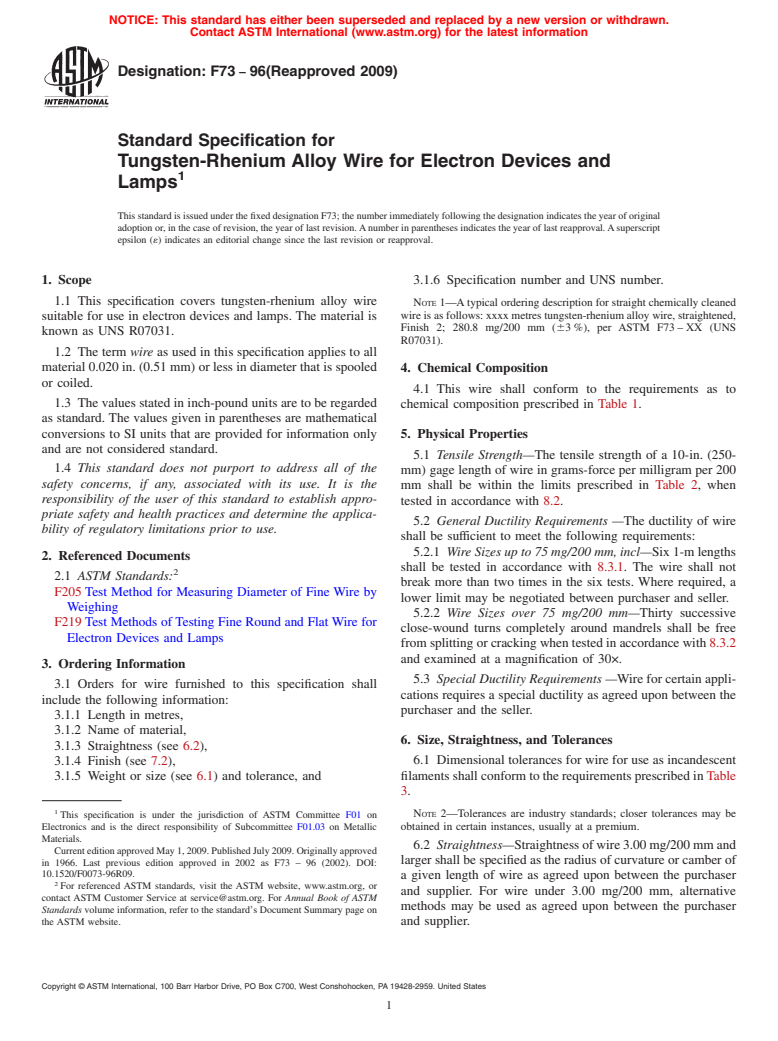 ASTM F73-96(2009) - Standard Specification for Tungsten-Rhenium Alloy Wire for Electron Devices and Lamps