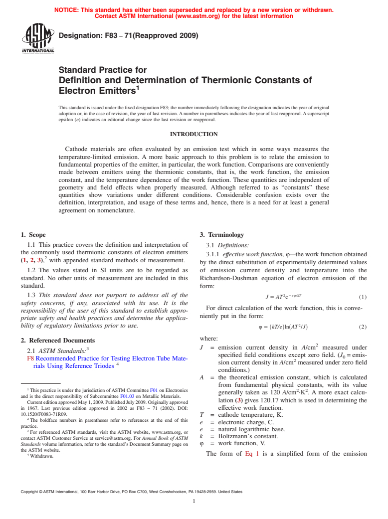 ASTM F83-71(2009) - Standard Practice for Definition and Determination of Thermionic Constants of Electron Emitters