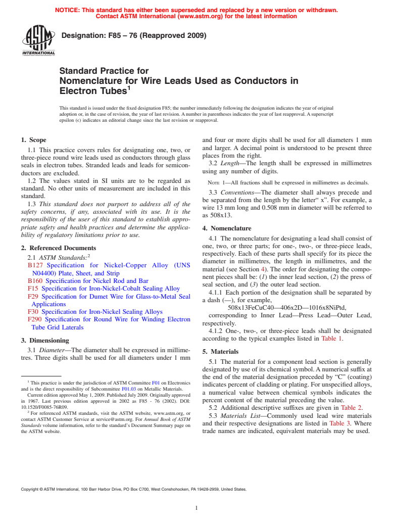 ASTM F85-76(2009) - Standard Practice for Nomenclature for Wire Leads Used as Conductors in Electron Tubes