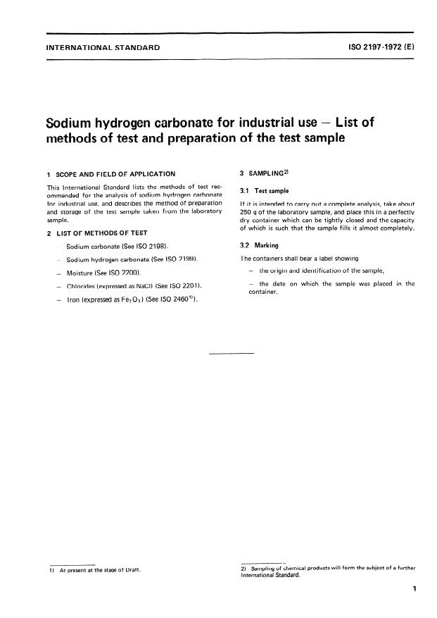 ISO 2197:1972 - Sodium hydrogen carbonate for industrial use -- List of methods of test and preparation of the test sample