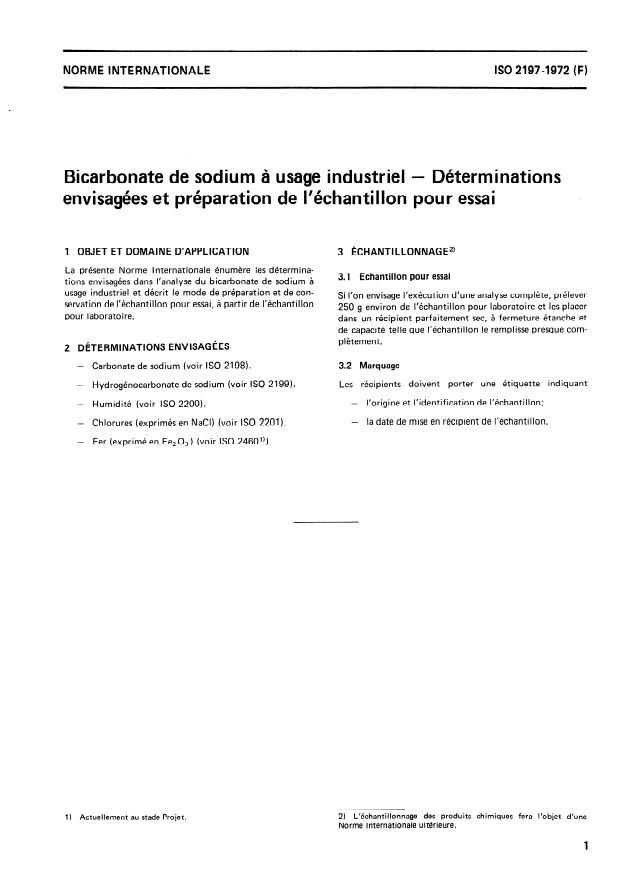 ISO 2197:1972 - Bicarbonate de sodium a usage industriel -- Déterminations envisagées et préparation de l'échantillon pour essai