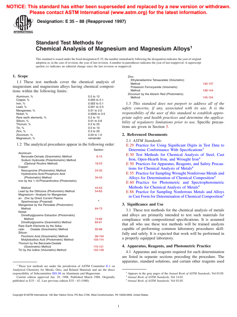 ASTM E35-88(1997) - Standard Test Methods for Chemical Analysis of Magnesium and Magnesium Alloys