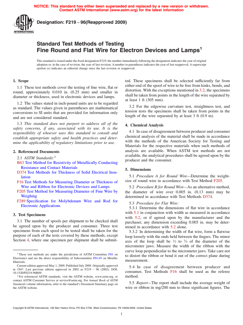 ASTM F219-96(2009) - Standard Test Methods of Testing Fine Round and Flat Wire for Electron Devices and Lamps