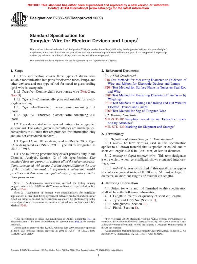 ASTM F288-96(2009) - Standard Specification for Tungsten Wire for Electron Devices and Lamps