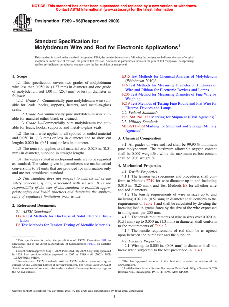 ASTM F289-96(2009) - Standard Specification for Molybdenum Wire and Rod for Electronic Applications