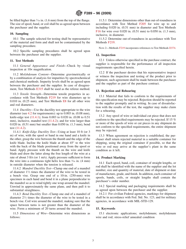 ASTM F289-96(2009) - Standard Specification for Molybdenum Wire and Rod for Electronic Applications