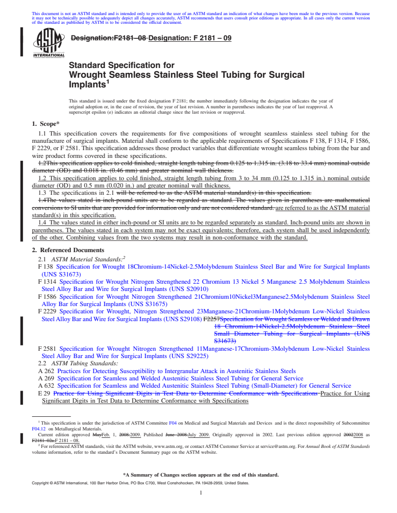 REDLINE ASTM F2181-09 - Standard Specification for Wrought Seamless Stainless Steel Tubing for Surgical Implants