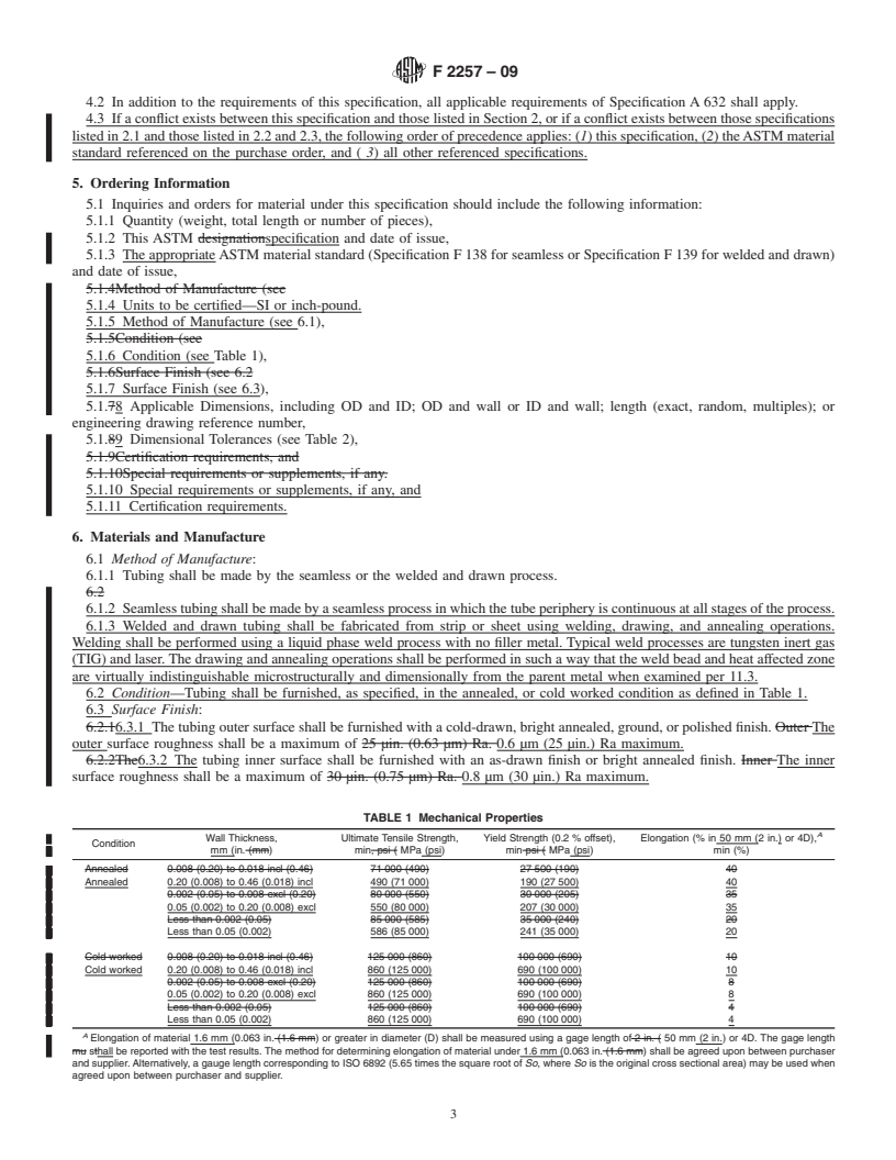 REDLINE ASTM F2257-09 - Standard Specification for Wrought Seamless or Welded and Drawn 18 Chromium-14Nickel-2.5Molybdenum Stainless Steel Small Diameter Tubing for Surgical Implants (UNS S31673)