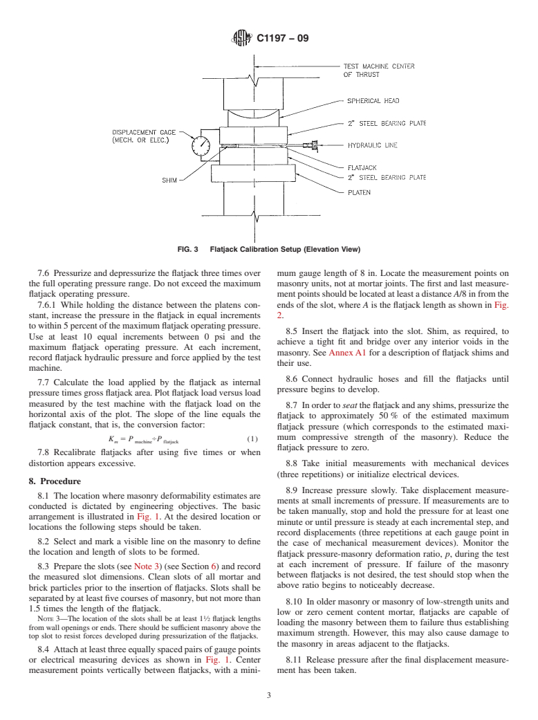 ASTM C1197-09 - Standard Test Method for In Situ Measurement of Masonry Deformability Properties Using the Flatjack Method