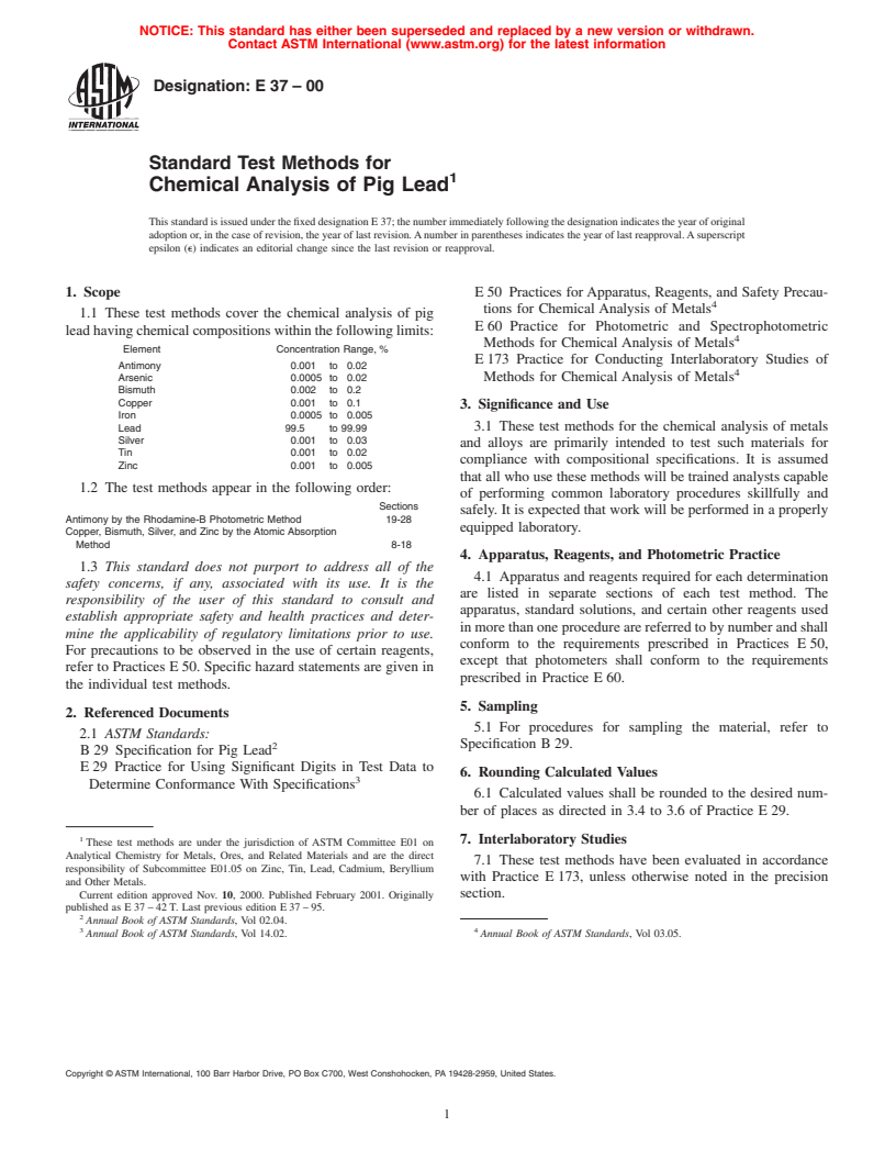 ASTM E37-00 - Standard Test Methods for Chemical Analysis of Pig Lead