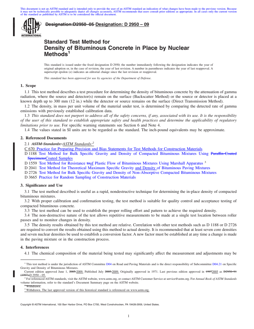 REDLINE ASTM D2950-09 - Standard Test Method for Density of Bituminous Concrete in Place by Nuclear Methods