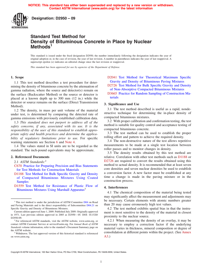 ASTM D2950-09 - Standard Test Method for Density of Bituminous Concrete in Place by Nuclear Methods