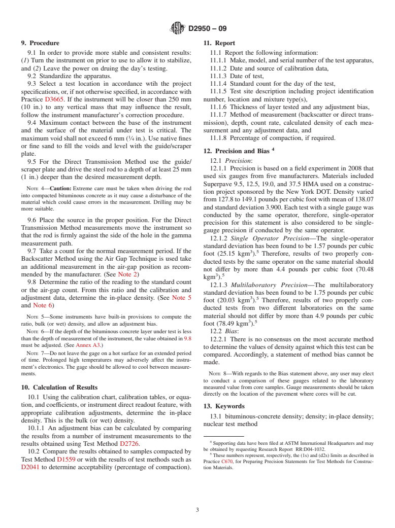 ASTM D2950-09 - Standard Test Method for Density of Bituminous Concrete in Place by Nuclear Methods