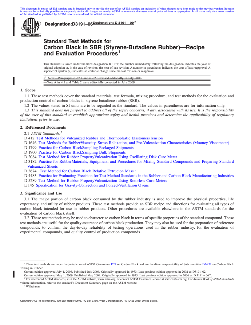 REDLINE ASTM D3191-09e1 - Standard Test Methods for  Carbon Black in SBR (Styrene-Butadiene Rubber)<span class='unicode'>&#x2014;</span>Recipe and Evaluation Procedures