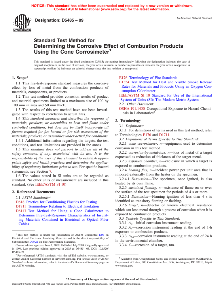 ASTM D5485-09 - Standard Test Method for Determining the Corrosive Effect of Combustion Products Using the Cone Corrosimeter