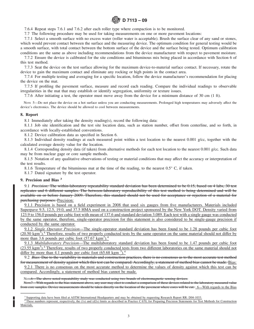 REDLINE ASTM D7113-09 - Standard Test Method for Density of Bituminous Paving Mixtures in Place by the Electromagnetic Surface Contact Methods