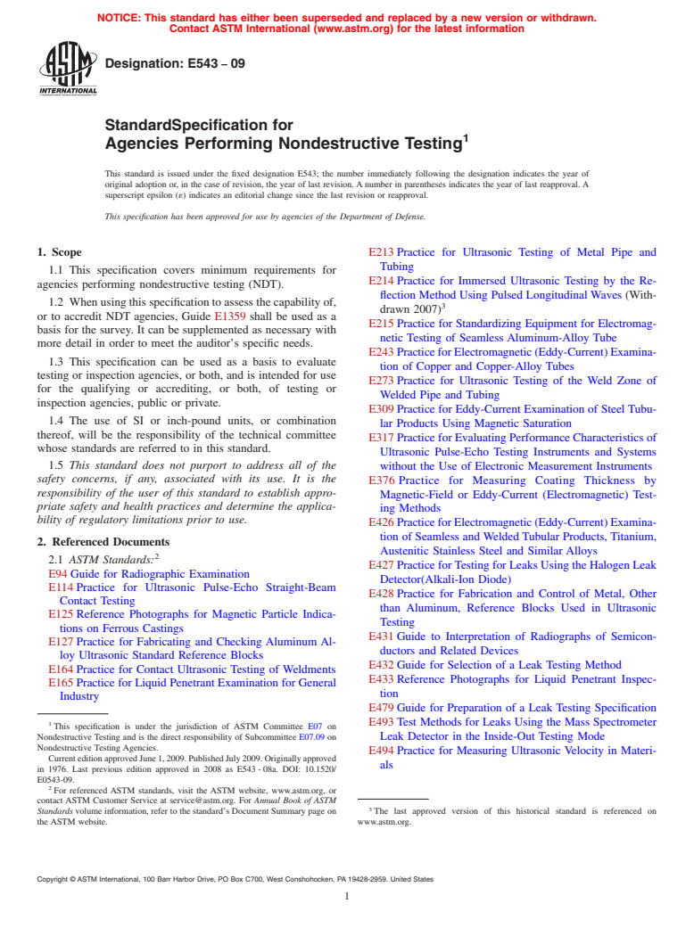 ASTM E543-09 - Standard Specification for  Agencies Performing Nondestructive Testing