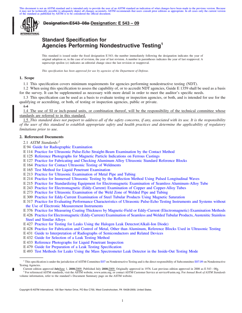 REDLINE ASTM E543-09 - Standard Specification for  Agencies Performing Nondestructive Testing