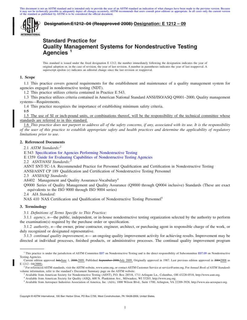 REDLINE ASTM E1212-09 - Standard Practice for Quality Management Systems for Nondestructive Testing Agencies