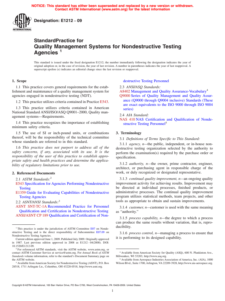 ASTM E1212-09 - Standard Practice for Quality Management Systems for Nondestructive Testing Agencies