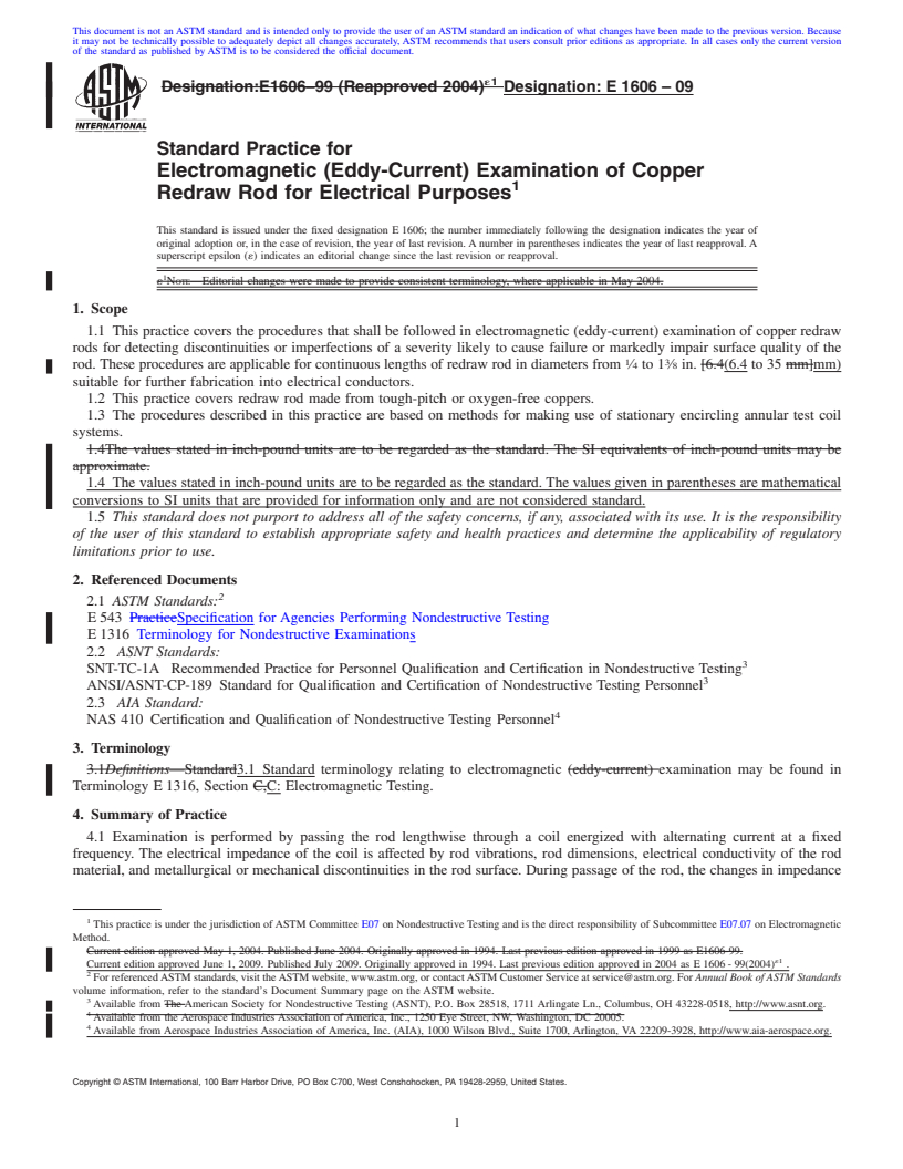 REDLINE ASTM E1606-09 - Standard Practice for Electromagnetic (Eddy-Current) Examination of Copper Redraw Rod for Electrical Purposes