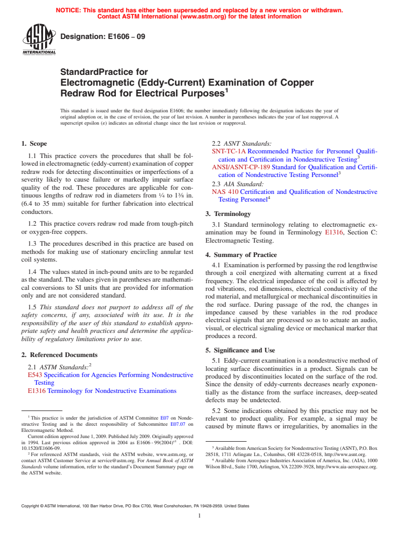 ASTM E1606-09 - Standard Practice for Electromagnetic (Eddy-Current) Examination of Copper Redraw Rod for Electrical Purposes