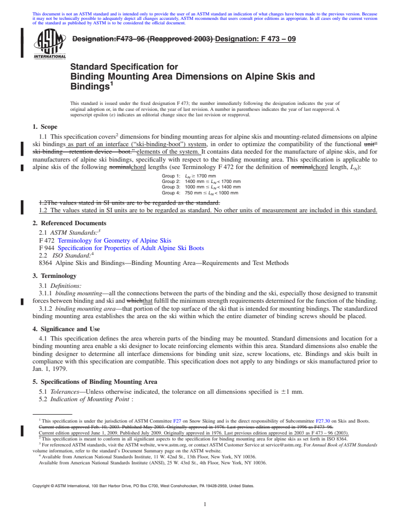 REDLINE ASTM F473-09 - Standard Specification for Binding Mounting Area Dimensions on Alpine Skis and Bindings