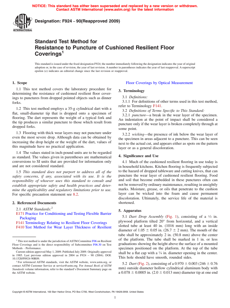 ASTM F924-90(2009) - Standard Test Method for Resistance to Puncture of Cushioned Resilient Floor Coverings