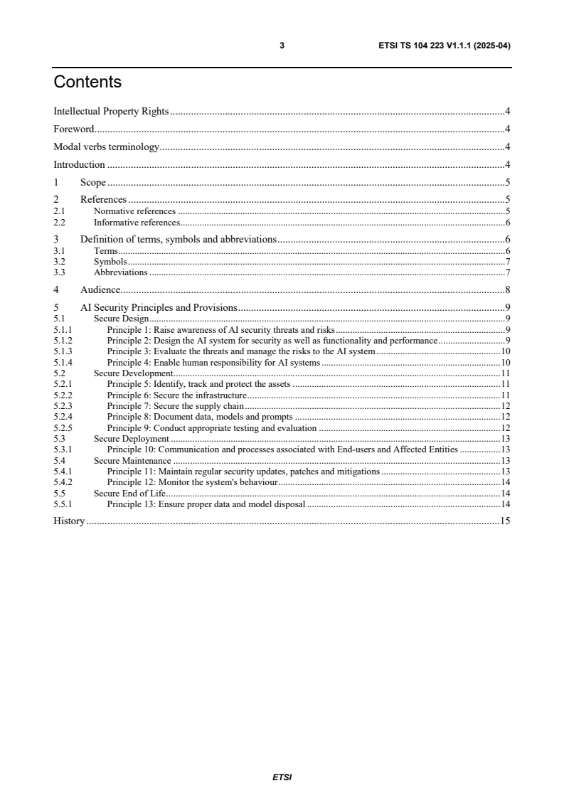 ETSI TS 104 223 V1.1.1 (2025-04) - Securing Artificial Intelligence (SAI); Baseline Cyber Security Requirements for AI Models and Systems