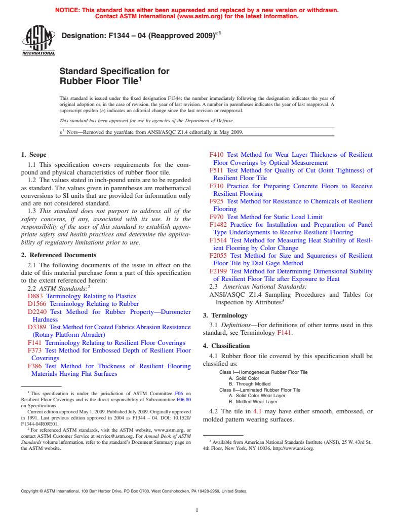 ASTM F1344-04(2009)e1 - Standard Specification for Rubber Floor Tile