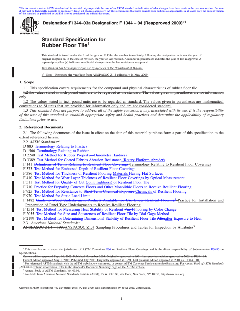 REDLINE ASTM F1344-04(2009)e1 - Standard Specification for Rubber Floor Tile