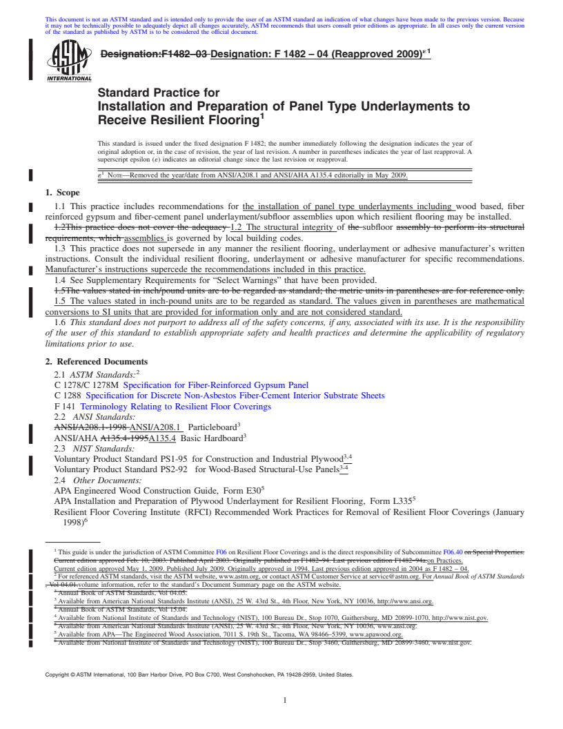 REDLINE ASTM F1482-04(2009)e1 - Standard Practice for Installation and Preparation of Panel Type Underlayments to Receive Resilient Flooring