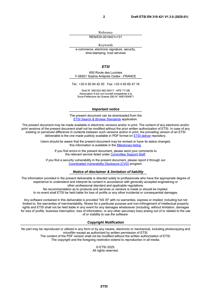 SIST EN 319 421 V1.3.1:2025 ETSI EN 319 421 V1.3.0 (2025-01) - Electronic Signatures and Trust Infrastructures (ESI); Policy and Security Requirements for Trust Service Providers issuing Time-Stamps - Page 2 preview