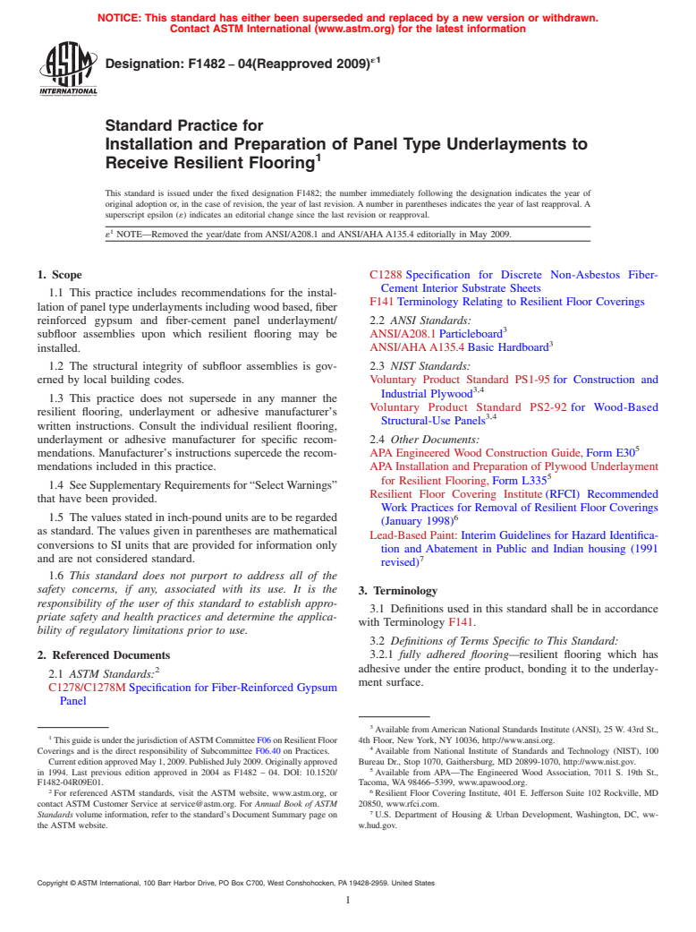 ASTM F1482-04(2009)e1 - Standard Practice for Installation and Preparation of Panel Type Underlayments to Receive Resilient Flooring