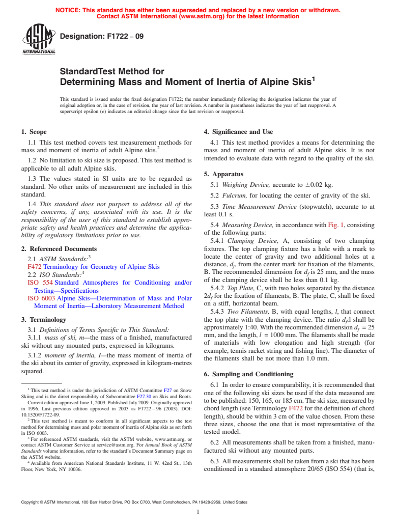 ASTM F1722-09 - Standard Test Method for Determining Mass and Moment of Inertia of Alpine Skis