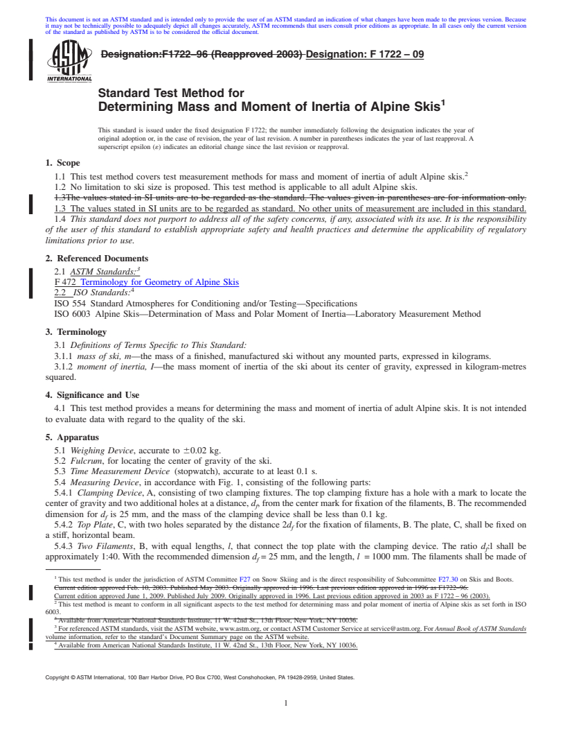 REDLINE ASTM F1722-09 - Standard Test Method for Determining Mass and Moment of Inertia of Alpine Skis